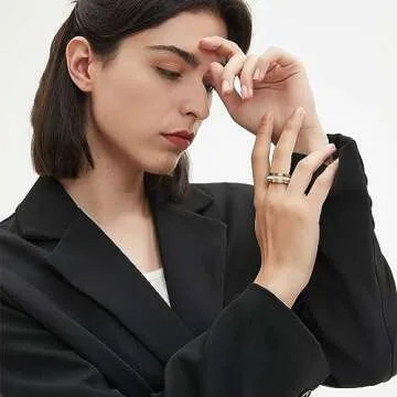 Anxiety Fidget Ring Love Friendship Gold Rings for Women 14K Gold Plated Titanium Steel Dainty Cubic Zirconia Rings Stacking Bands 3 In 1 Spinner Rings for Men Valentines Day Mother's Day Christmas Day Best Gifts (God, 9)