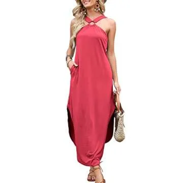 ANRABESS Women Summer Halter Neck Sundress Sleeveless Split Side Casual Beach Travel Maxi Dress with...