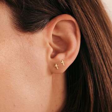 MUMREUES Gold Earrings for Women 14K Gold Cross Stud Earring Dainty Minimalist Simple Small Earrings Jewelry Gift for Her