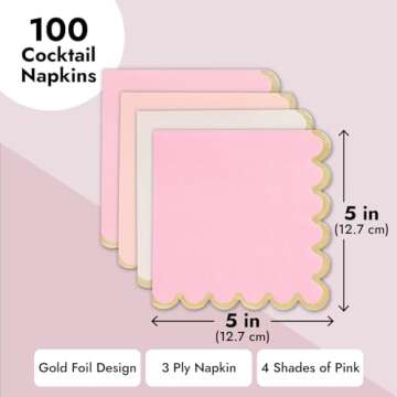 Sparkle and Bash 100 Pack Light Pink and Gold Paper Cocktail Napkins - 3 Ply (5 x 5 in) for Girl Baby Shower, Wedding, Birthday Party