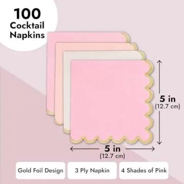 Sparkle and Bash 100 Pack Light Pink and Gold Paper Cocktail Napkins - 3 Ply (5 x 5 in) for Girl Baby Shower, Wedding, Birthday Party