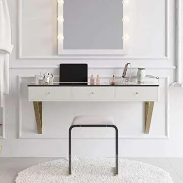 homary Floating Makeup Vanity with Drawers, Modern White Beauty Station Wall Mounted Dressing Table with Tempered Glass Top