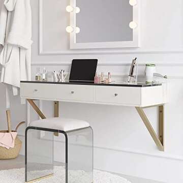 homary Floating Makeup Vanity with Drawers, Modern White Beauty Station Wall Mounted Dressing Table with Tempered Glass Top