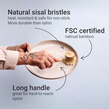 Vove Bamboo Dish Brush - Long Lasting with 3 Replacement Heads | Eco-Friendly Natural Bristle