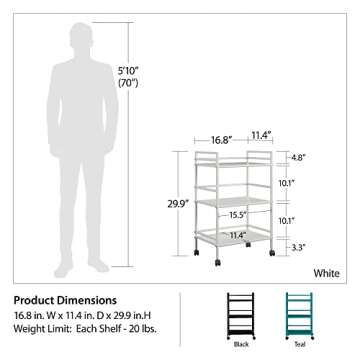 Ameriwood Home Marshall 3 Shelf Metal Rolling Utility Cart, Teal