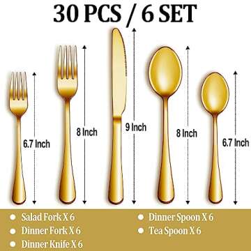 30 Pcs Gold Silverware Set Service for 6, Premium Stainless Steel Flatware Set, Cutlery Utensil Set,...