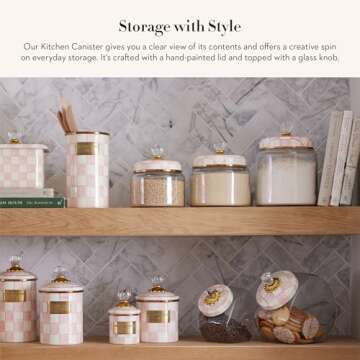 MACKENZIE-CHILDS Rosy Check Kitchen Canister, Decorative Pink-and-White Glass Storage Jar with Lid, Medium
