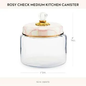 MACKENZIE-CHILDS Rosy Check Kitchen Canister, Decorative Pink-and-White Glass Storage Jar with Lid, Medium