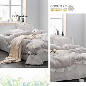 Simple&Opulence 100% Linen Duvet Cover Set (88"x92") Floral Flax Queen Size, Shabby Chic Ruffle Edge Lace Insert Decoration, 3 Pcs Farmhouse Bedding-1 Comforter Cover 1 Pillow Shams, Floral Grey