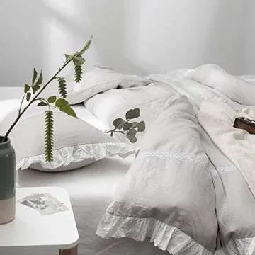 Simple&Opulence 100% Linen Duvet Cover Set (88"x92") Floral Flax Queen Size, Shabby Chic Ruffle Edge Lace Insert Decoration, 3 Pcs Farmhouse Bedding-1 Comforter Cover 1 Pillow Shams, Floral Grey