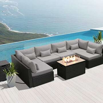 Dineli Sectional Sofa with Gas/Propane Fire Pit Table Outdoor Patio Furniture Sets (Light Gray-Recta...