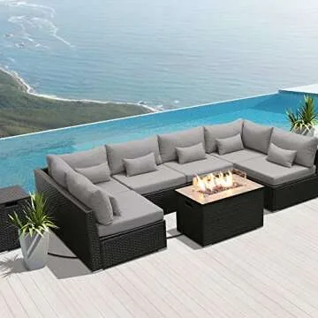 Dineli Sectional Sofa with Gas/Propane Fire Pit Table Outdoor Patio Furniture Sets (Light Gray-Recta...
