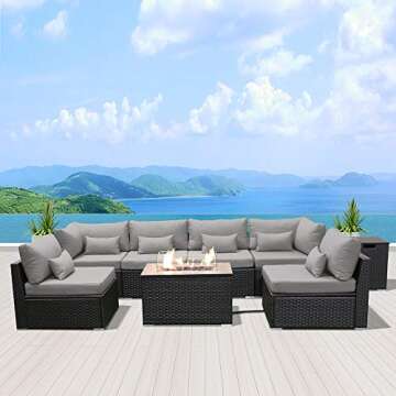 Dineli Sectional Sofa with Gas/Propane Fire Pit Table Outdoor Patio Furniture Sets (Light Gray-Rectangular Table)