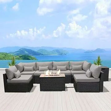 Dineli Sectional Sofa with Gas/Propane Fire Pit Table Outdoor Patio Furniture Sets (Light Gray-Rectangular Table)