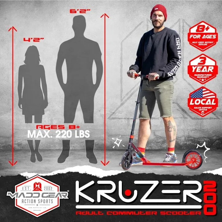 Madd Gear Metro 200 Folding Adult & Teen Scooter - Adjustable, Lightweight, 2-Wheel Commuter Scooter with Large Smooth Rolling Wheels