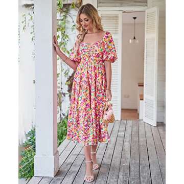 BTFBM Women Summer Dresses 2025 Casual Flowy Beach Square Neck Puff Short Sleeve Smocked Back Boho F...