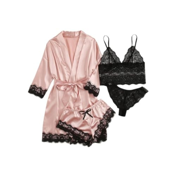 WDIRARA Women' Silk Satin Pajamas Set 4pcs Lingerie Floral Lace Cami Sleepwear with Robe Pink L