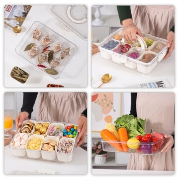 Amzcku Divided Serving Tray with Lid and Handle - Snackle Box Charcuterie Container for Portable Snack Platters - Clear Organizer for Candy, Fruits, Nuts, Snacks - Perfect for Party, Entertaining