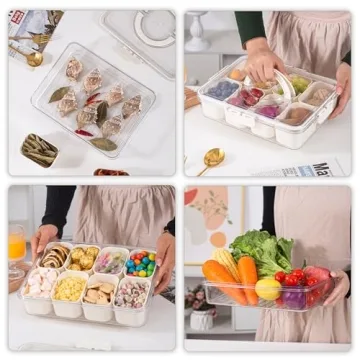 Amzcku Divided Serving Tray with Lid and Handle - Snackle Box Charcuterie Container for Portable Snack Platters - Clear Organizer for Candy, Fruits, Nuts, Snacks - Perfect for Party, Entertaining