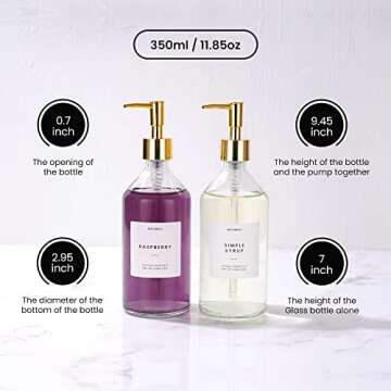 MoliMoli Coffee Syrup Dispenser for Coffee Bar, Set of 2, 500ml Coffee Pump Dispenser, Gold Glass Syrup Bottle w. Pumps, Simple Syrup Dispenser w. Labels ，Set of 2,