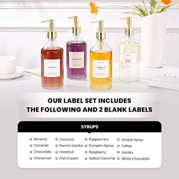 MoliMoli Coffee Syrup Dispenser for Coffee Bar, Set of 2, 500ml Coffee Pump Dispenser, Gold Glass Syrup Bottle w. Pumps, Simple Syrup Dispenser w. Labels ，Set of 2,