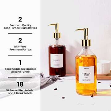 MoliMoli Coffee Syrup Dispenser for Coffee Bar, Set of 2, 500ml Coffee Pump Dispenser, Gold Glass Syrup Bottle w. Pumps, Simple Syrup Dispenser w. Labels ，Set of 2,