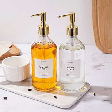 MoliMoli Coffee Syrup Dispenser for Coffee Bar, Set of 2, 500ml Coffee Pump Dispenser, Gold Glass Syrup Bottle w. Pumps, Simple Syrup Dispenser w. Labels ，Set of 2,