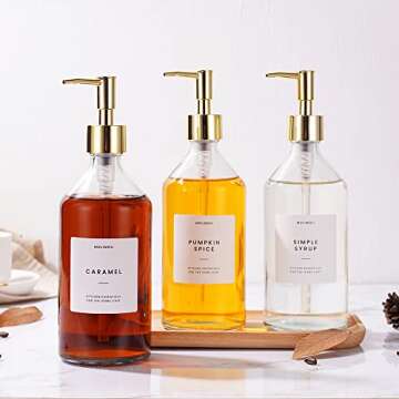 MoliMoli Coffee Syrup Dispenser for Coffee Bar, Set of 2, 500ml Coffee Pump Dispenser, Gold Glass Syrup Bottle w. Pumps, Simple Syrup Dispenser w. Labels ，Set of 2,