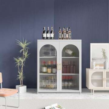 CBNTKI Farmhouse Coffee Bar Cabinet, Metal Kitchen Sideboard Buffet Cabinet with Glass Doors & Adjus...