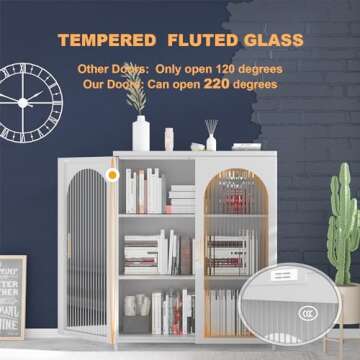 CBNTKI Farmhouse Coffee Bar Cabinet, Metal Kitchen Sideboard Buffet Cabinet with Glass Doors & Adjustable Shelves, White Bar Glass Cabinet Console Table for Dining Living Room,Hallway,Entryway