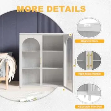 CBNTKI Farmhouse Coffee Bar Cabinet, Metal Kitchen Sideboard Buffet Cabinet with Glass Doors & Adjustable Shelves, White Bar Glass Cabinet Console Table for Dining Living Room,Hallway,Entryway