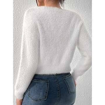 Verdusa Women's Rhinestone Bow Fuzzy Long Sleeve V Neck Crop Cardigan Sweater White S