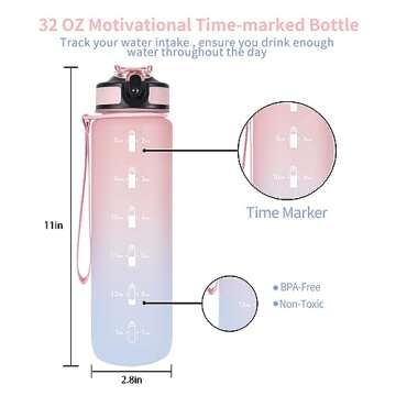 EYQ 32 oz Water Bottle with Time Marker, Carry Strap, Leak-Proof Tritan BPA-Free, Ensure You Drink E...