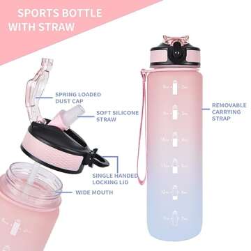 EYQ 32 oz Water Bottle with Time Marker, Carry Strap, Leak-Proof Tritan BPA-Free, Ensure You Drink Enough Water for Fitness, Gym, Camping, Outdoor Sports
