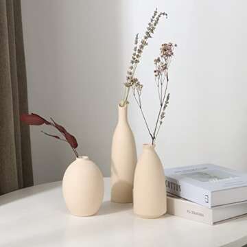 Ceramic Vase for Decor, Small Pampas Grass Flower Vases for Dining Table, Entryway, Shelf, Mantle, Centerpieces, Boho Living Room, Modern Farmhouse and Neutral Home Decor - Beige, Set of 3