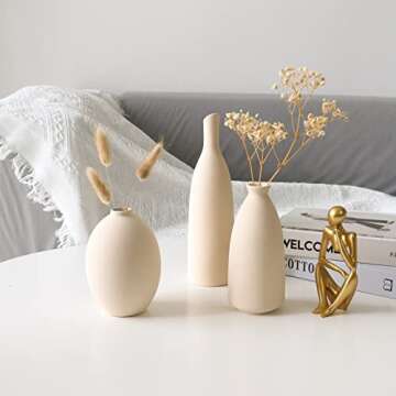 Ceramic Vase for Decor, Small Pampas Grass Flower Vases for Dining Table, Entryway, Shelf, Mantle, Centerpieces, Boho Living Room, Modern Farmhouse and Neutral Home Decor - Beige, Set of 3