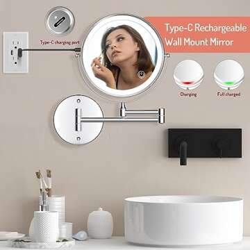 Rocollos Rechargeable Wall Mounted Lighted Makeup Mirror, 8 Inch Double-Sided LED Vanity Mirror 1X/7...