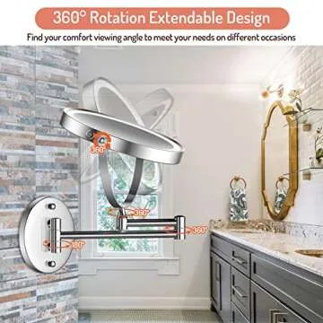 Rocollos Rechargeable Wall Mounted Lighted Makeup Mirror, 8 Inch Double-Sided LED Vanity Mirror 1X/7X Magnification,3 Color Lights Touch Screen Dimmable 360°Swivel 13 Inch Extendable