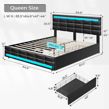 ADORNEVE Queen Bed Frame with LED Lights and Storage Drawers
