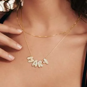 KissYan Bubble Letter Necklace, 14K Gold Plated Balloon Initial Pendant Box Chain Necklace Dainty Pave CZ Jewelry Gift for Women(15mm L)