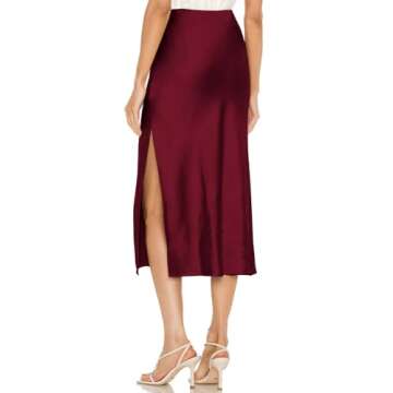Amy Babe Womens Satin Silk High Waist Slit Midi Skirt Elastic Waistband Midi Skirts for Women WineRed