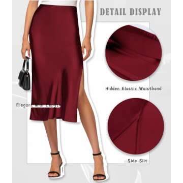 Amy Babe Womens Satin Silk High Waist Slit Midi Skirt Elastic Waistband Midi Skirts for Women WineRed