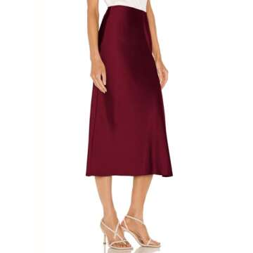 Amy Babe Womens Satin Silk High Waist Slit Midi Skirt Elastic Waistband Midi Skirts for Women WineRed