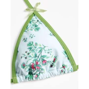 ZAFUL Women's Sexy Halter Bikini Sets Bowknot Tiny Floral Print Bikini Swimsuits Tie Side Triangle Bathing Suits (2-Light Green, M)