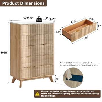 T4TREAM Fluted 5 Drawers Dresser - 48" Tall Modern Chest with Faux Marble Top, Curved Profile Design...