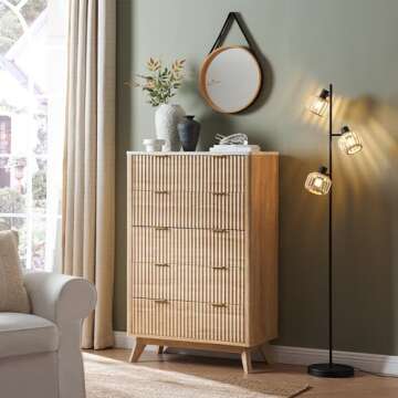 T4TREAM Stylish 5-Drawer Modern Dresser in Natural Oak