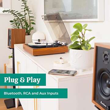 Electrohome Montrose Record Player Stereo System, 4" Bluetooth Powered Bookshelf Speakers, Belt-Drive Turntable with Audio-Technica Stylus, Speed Control Motor, Built-in Preamp, Wood Plinth