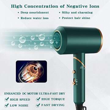 1800W Professional Ionic Hair Dryer with Diffuser and Nozzles for Women,Travel Portable Powerful Blo...