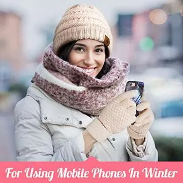 Jeere 4 Pcs Women Winter Glove and Hat Set Winter Hat Touchscreen Gloves Warm Knitted Beanie and Mittens for Women(Black, Beige)