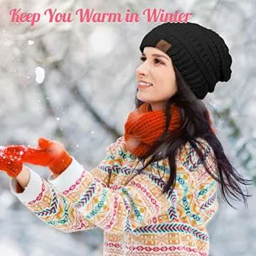 Jeere 4 Pcs Women Winter Glove and Hat Set Winter Hat Touchscreen Gloves Warm Knitted Beanie and Mittens for Women(Black, Beige)